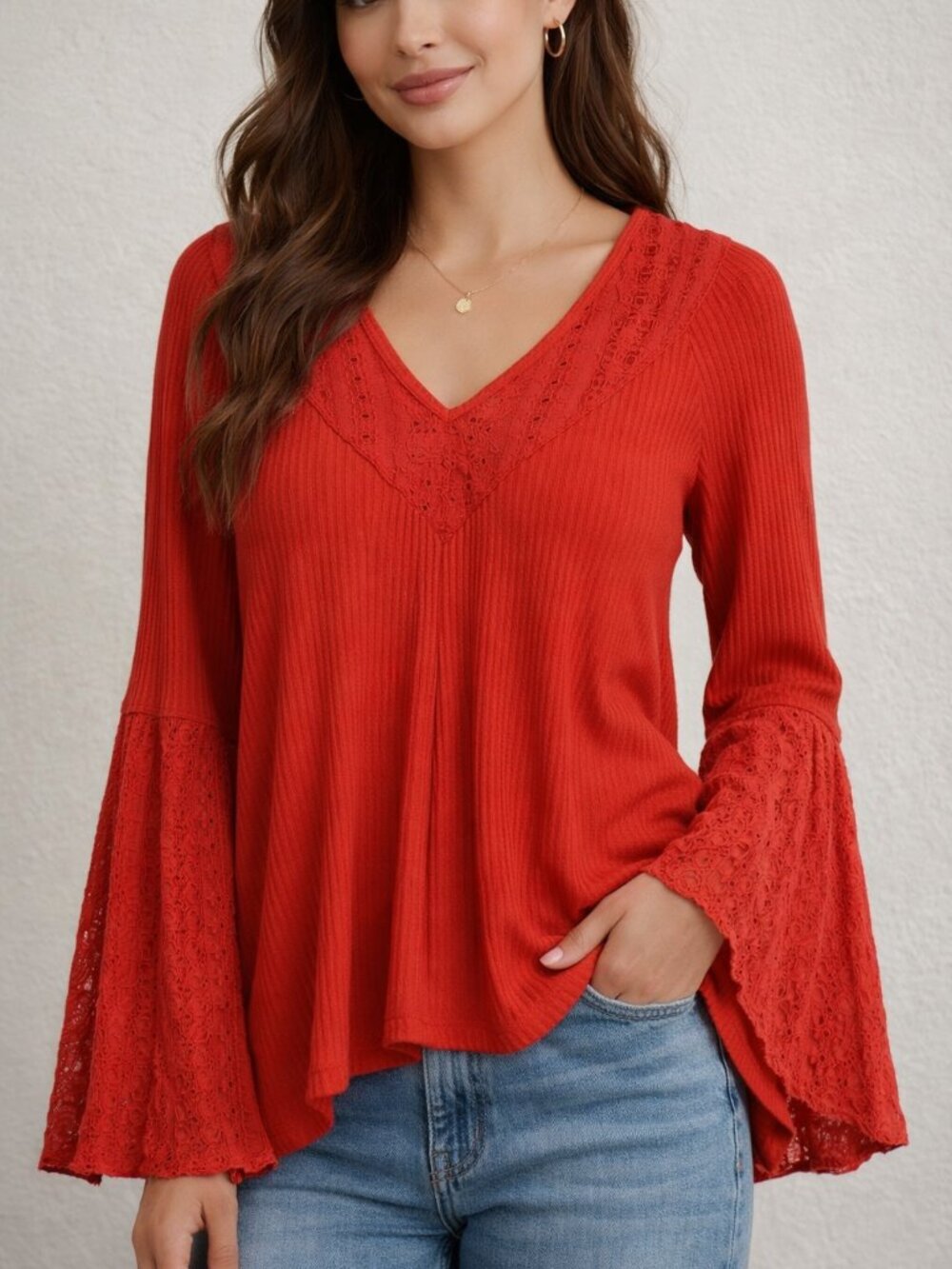 Free People Red Bell Sleeve Blouse